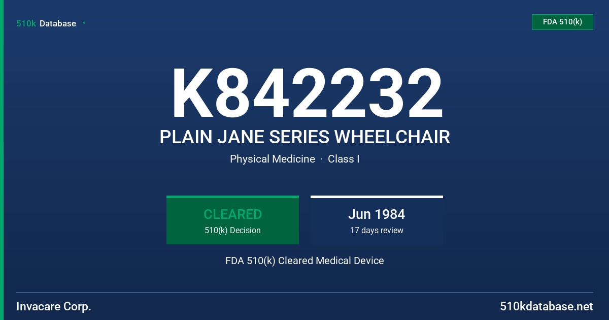 K842232 PLAIN JANE SERIES WHEELCHAIR FDA 510(k) Cleared Medical Device