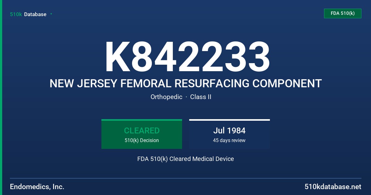K842233 NEW JERSEY FEMORAL RESURFACING COMPONENT FDA 510(k) Cleared Medical Device