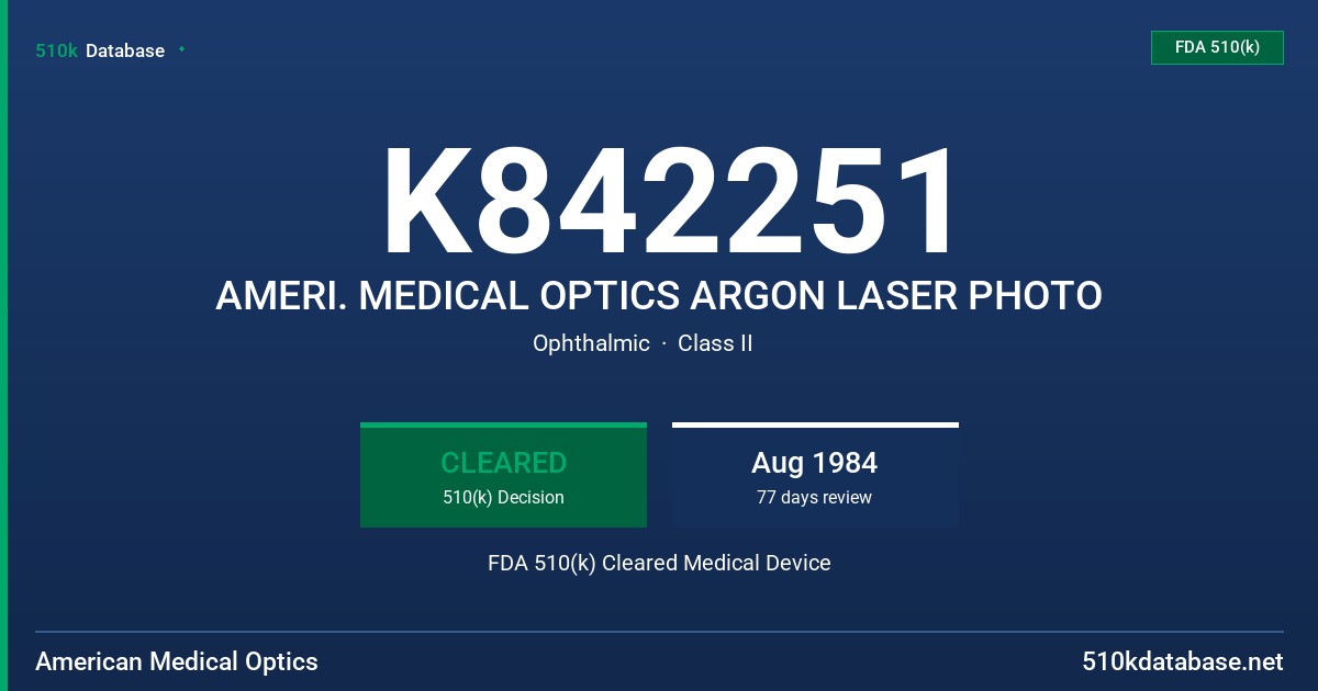 K842251 AMERI. MEDICAL OPTICS ARGON LASER PHOTO FDA 510(k) Cleared Medical Device