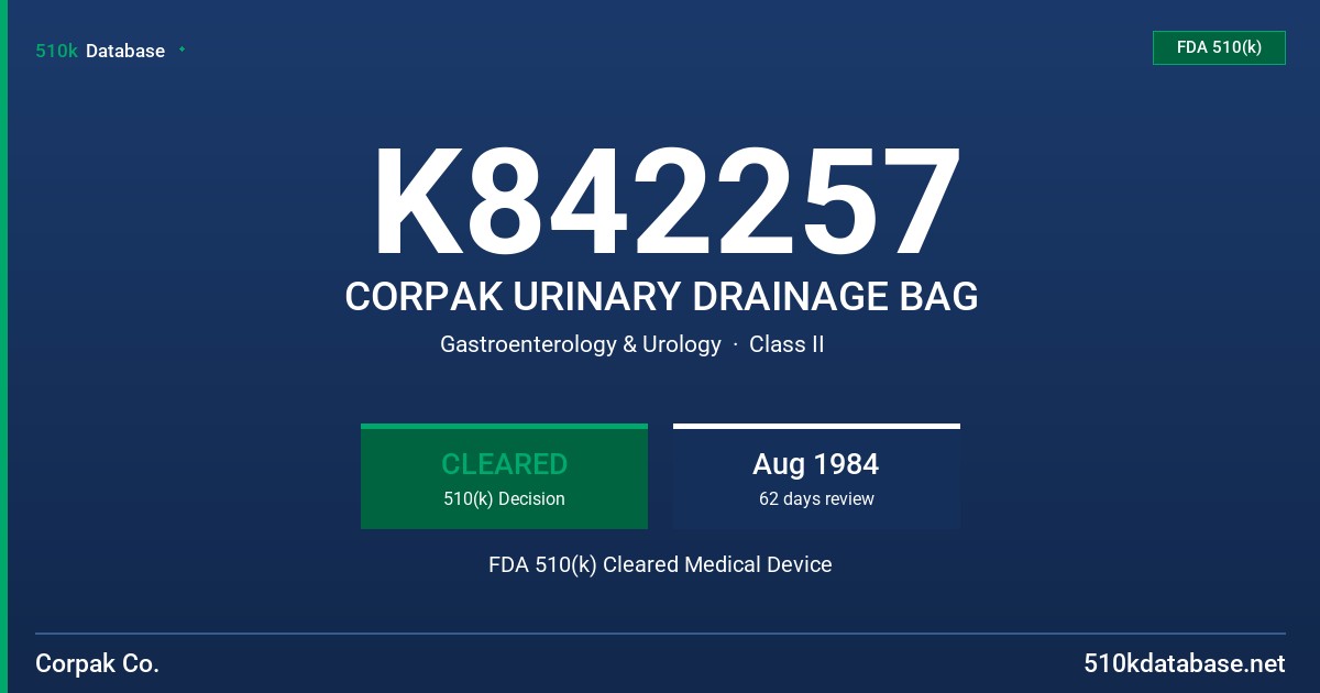K842257 CORPAK URINARY DRAINAGE BAG FDA 510(k) Cleared Medical Device