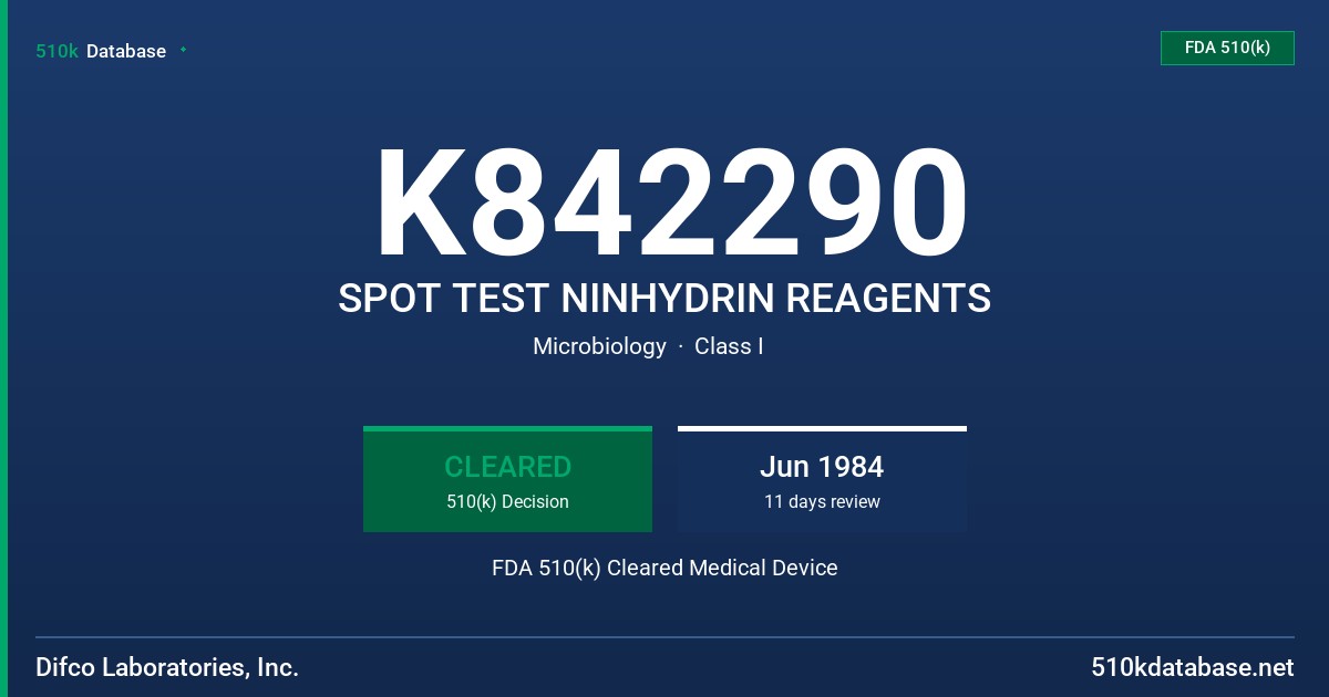 K842290 SPOT TEST NINHYDRIN REAGENTS FDA 510(k) Cleared Medical Device