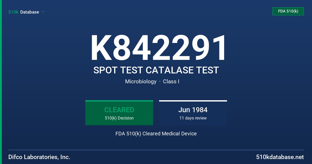 K842291 SPOT TEST CATALASE TEST FDA 510(k) Cleared Medical Device