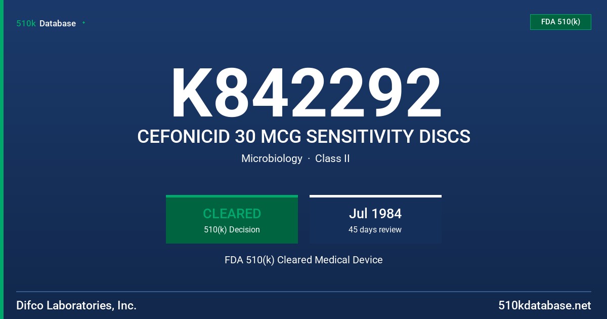 K842292 CEFONICID 30 MCG SENSITIVITY DISCS FDA 510(k) Cleared Medical Device