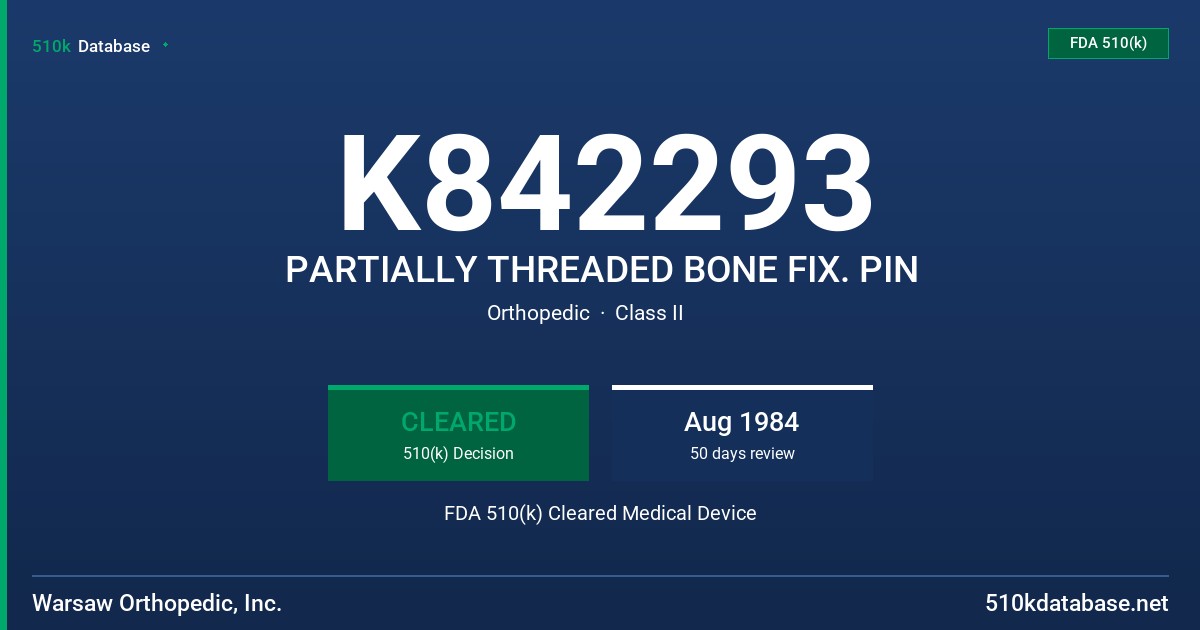 K842293 PARTIALLY THREADED BONE FIX. PIN FDA 510(k) Cleared Medical Device