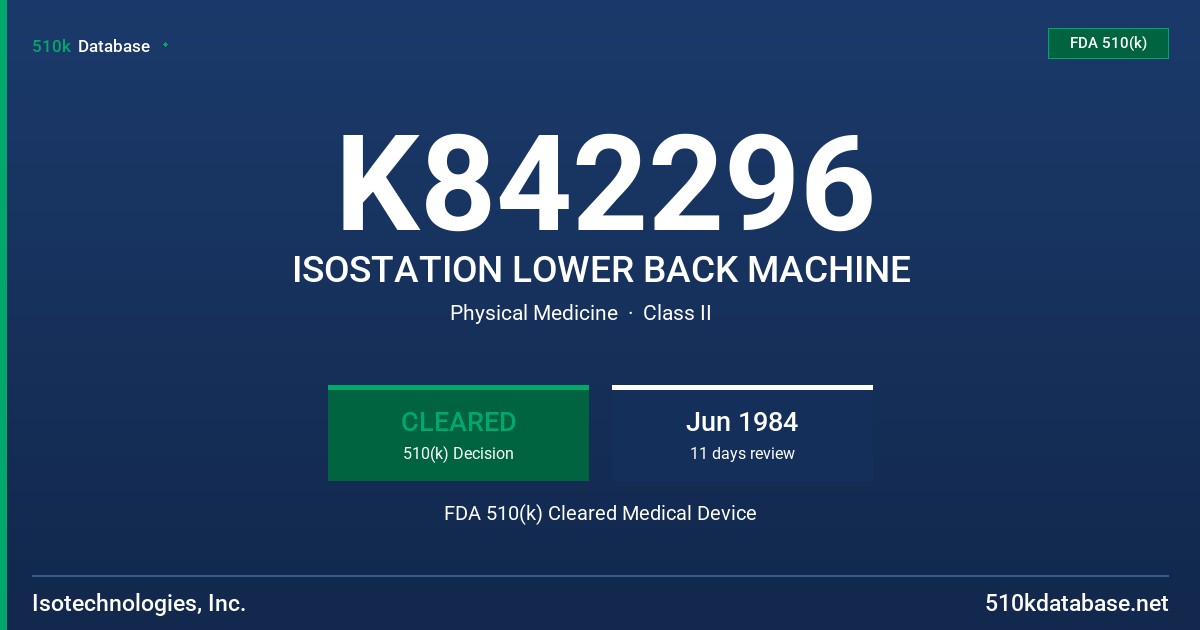 K842296 ISOSTATION LOWER BACK MACHINE FDA 510(k) Cleared Medical Device