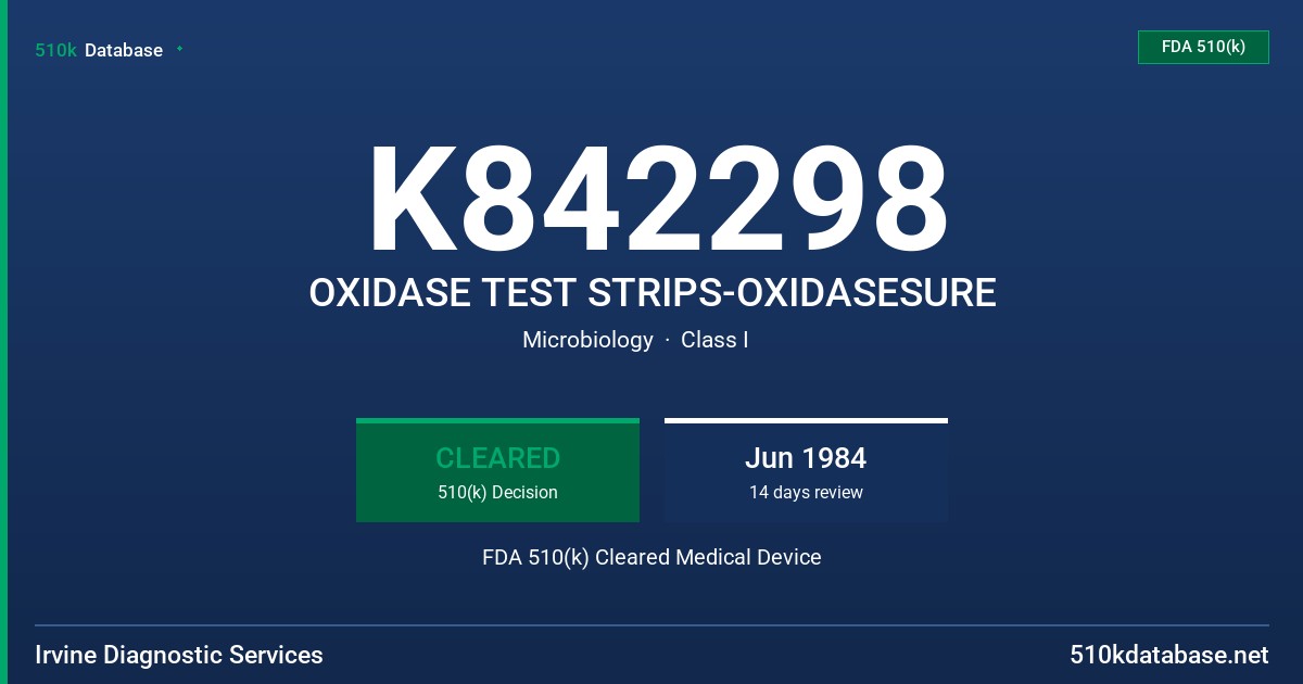 K842298 OXIDASE TEST STRIPS-OXIDASESURE FDA 510(k) Cleared Medical Device