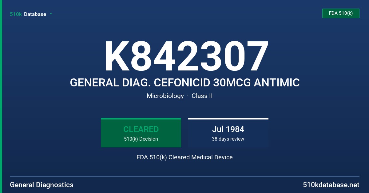 K842307 GENERAL DIAG. CEFONICID 30MCG ANTIMIC FDA 510(k) Cleared Medical Device