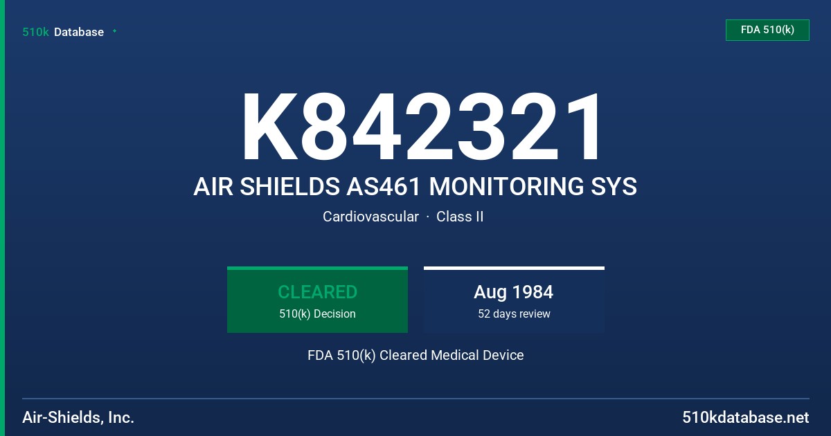 K842321 AIR SHIELDS AS461 MONITORING SYS FDA 510(k) Cleared Medical Device