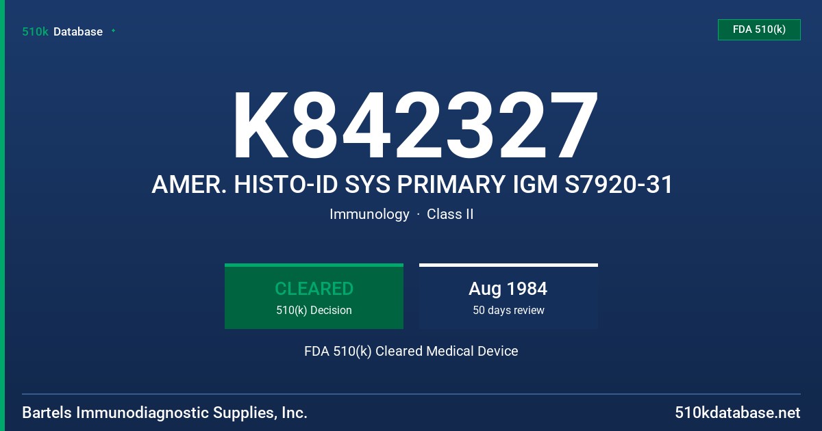K842327 AMER. HISTO-ID SYS PRIMARY IGM S7920-31 FDA 510(k) Cleared Medical Device