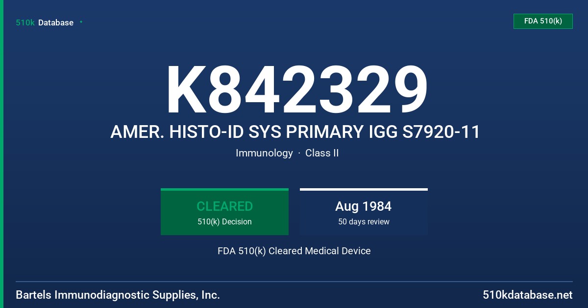 K842329 AMER. HISTO-ID SYS PRIMARY IGG S7920-11 FDA 510(k) Cleared Medical Device