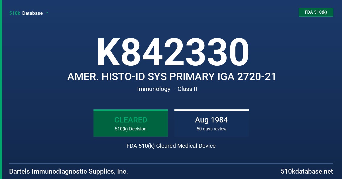 K842330 AMER. HISTO-ID SYS PRIMARY IGA 2720-21 FDA 510(k) Cleared Medical Device