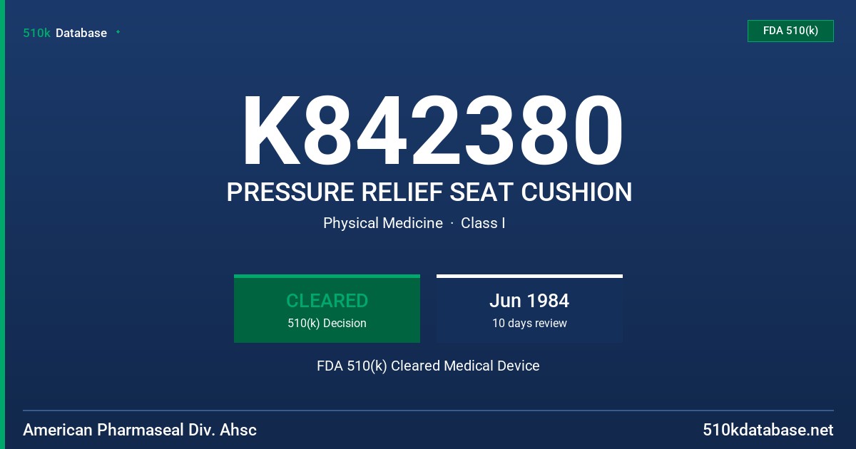 K842380 PRESSURE RELIEF SEAT CUSHION FDA 510(k) Cleared Medical Device
