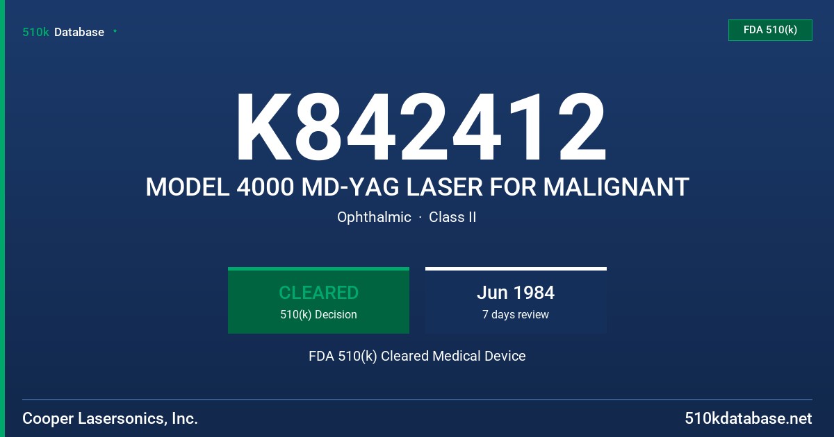 K842412 MODEL 4000 MD-YAG LASER FOR MALIGNANT FDA 510(k) Cleared Medical Device