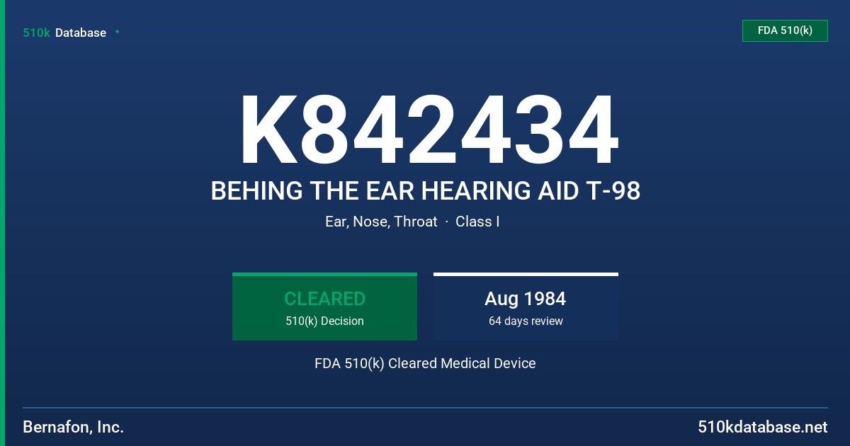 K842434 BEHING THE EAR HEARING AID T-98 FDA 510(k) Cleared Medical Device