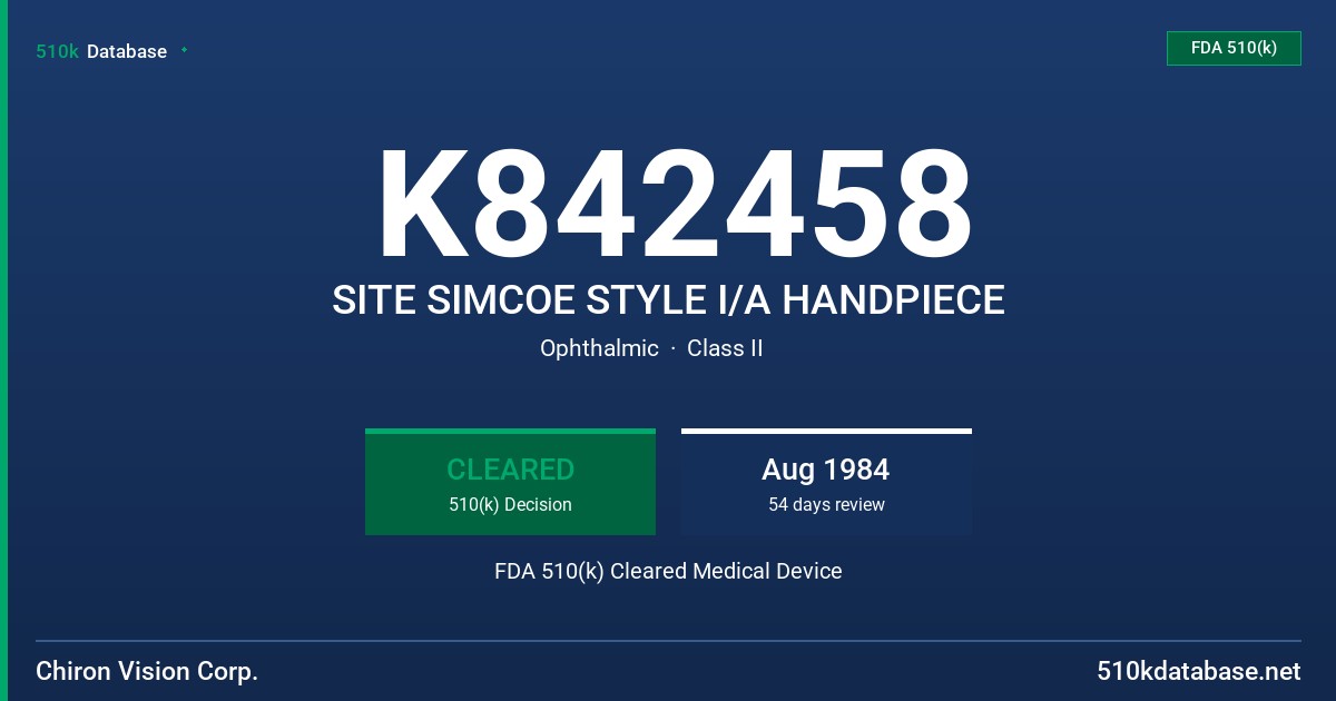 K842458 SITE SIMCOE STYLE I/A HANDPIECE FDA 510(k) Cleared Medical Device