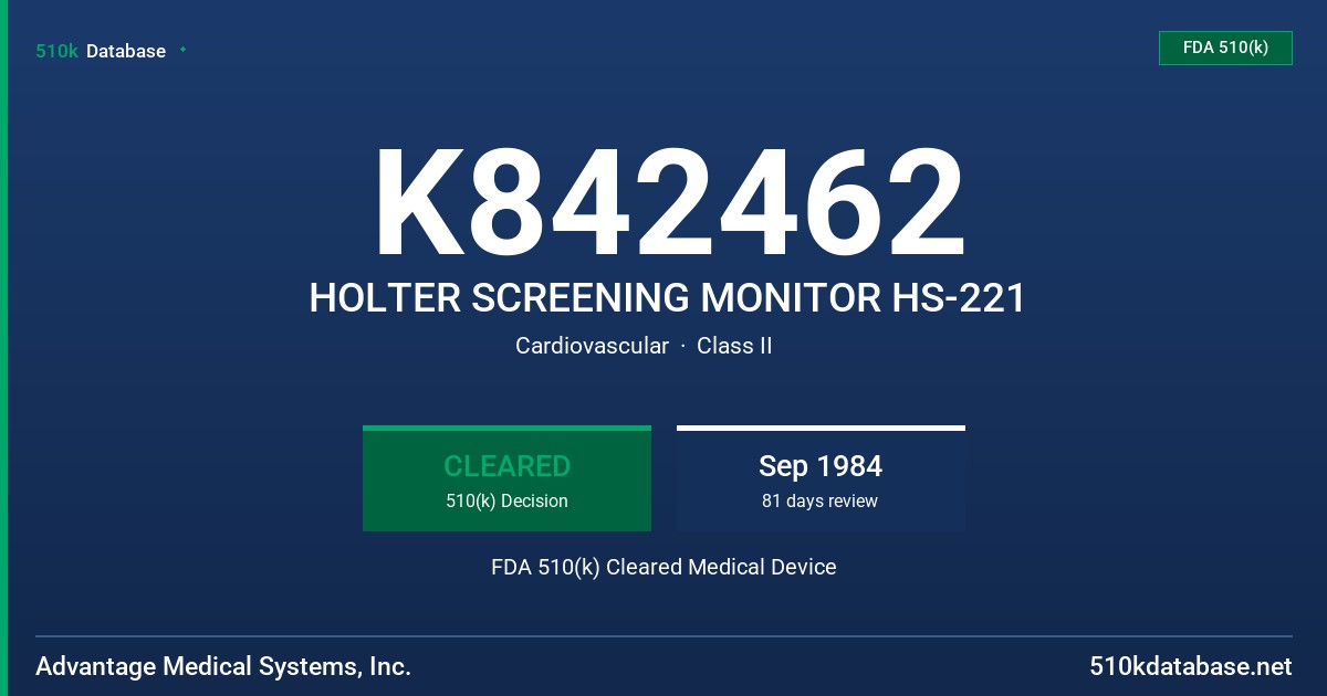 K842462 HOLTER SCREENING MONITOR HS-221 FDA 510(k) Cleared Medical Device