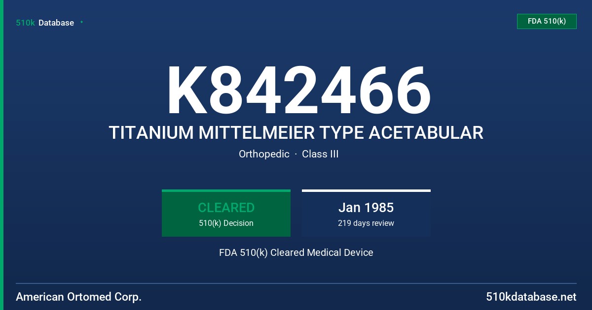 K842466 TITANIUM MITTELMEIER TYPE ACETABULAR FDA 510(k) Cleared Medical Device