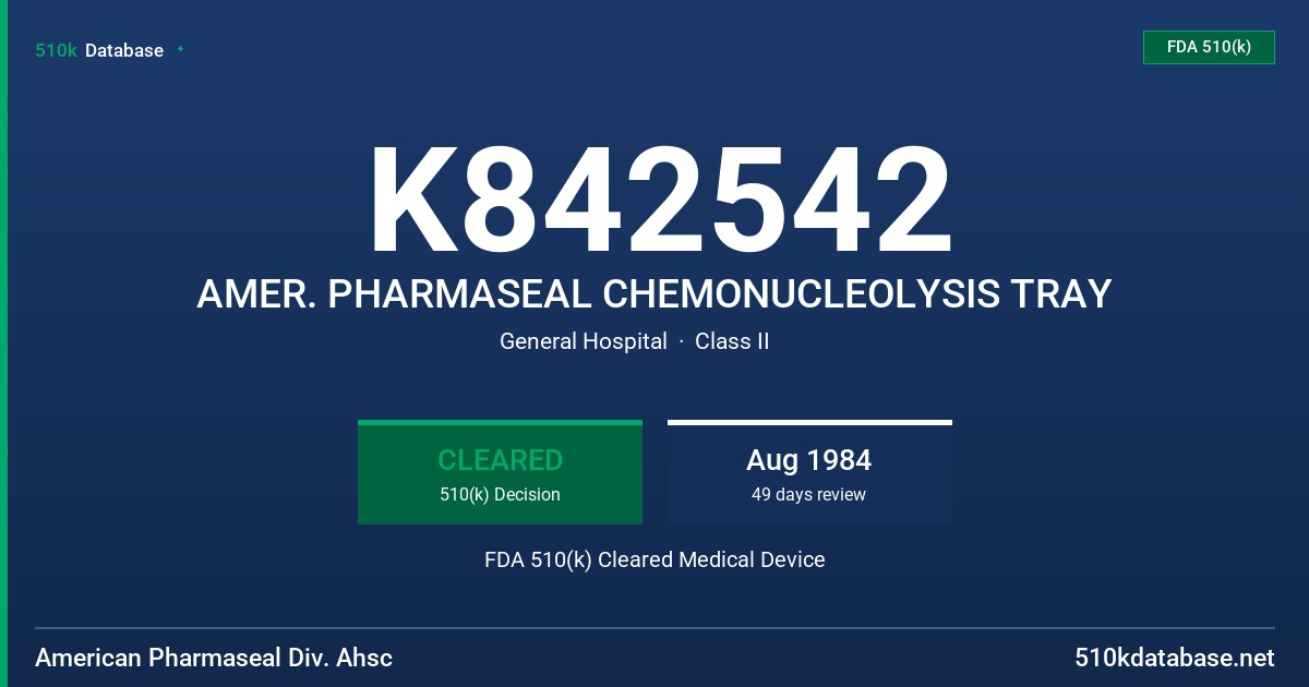K842542 AMER. PHARMASEAL CHEMONUCLEOLYSIS TRAY FDA 510(k) Cleared Medical Device