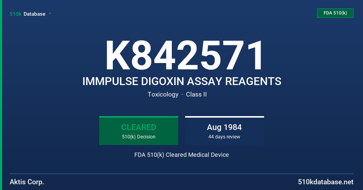 K842571 IMMPULSE DIGOXIN ASSAY REAGENTS FDA 510(k) Cleared Medical Device