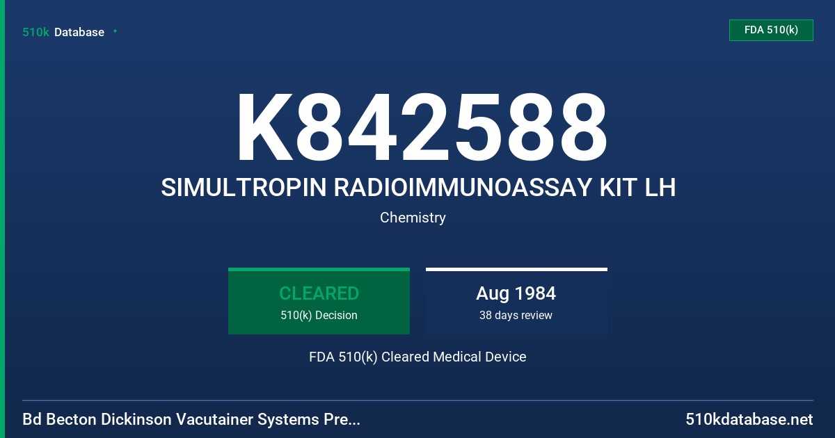 K842588 SIMULTROPIN RADIOIMMUNOASSAY KIT LH FDA 510(k) Cleared Medical Device