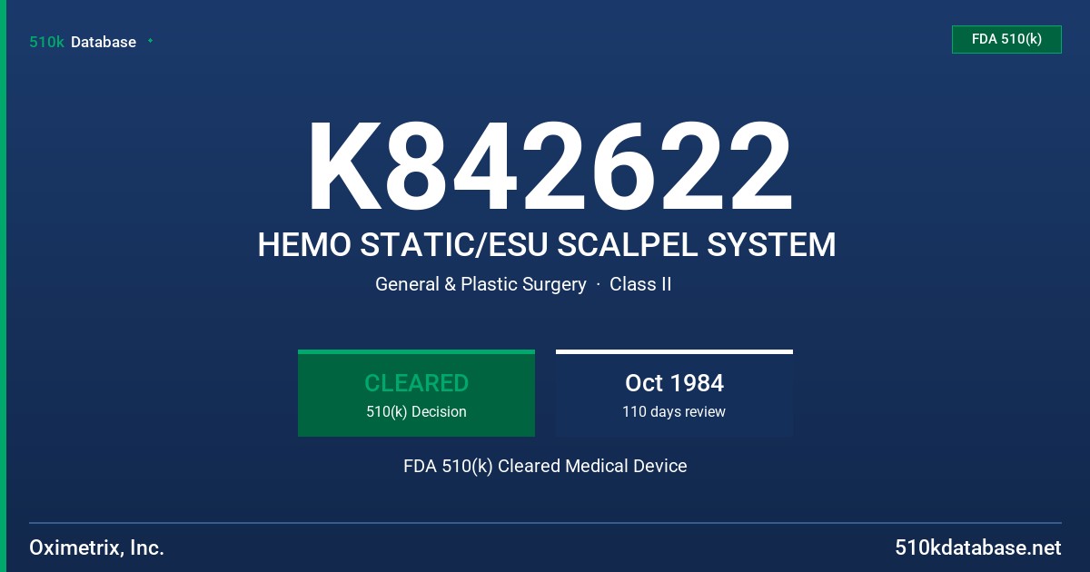 K842622 HEMO STATIC/ESU SCALPEL SYSTEM FDA 510(k) Cleared Medical Device