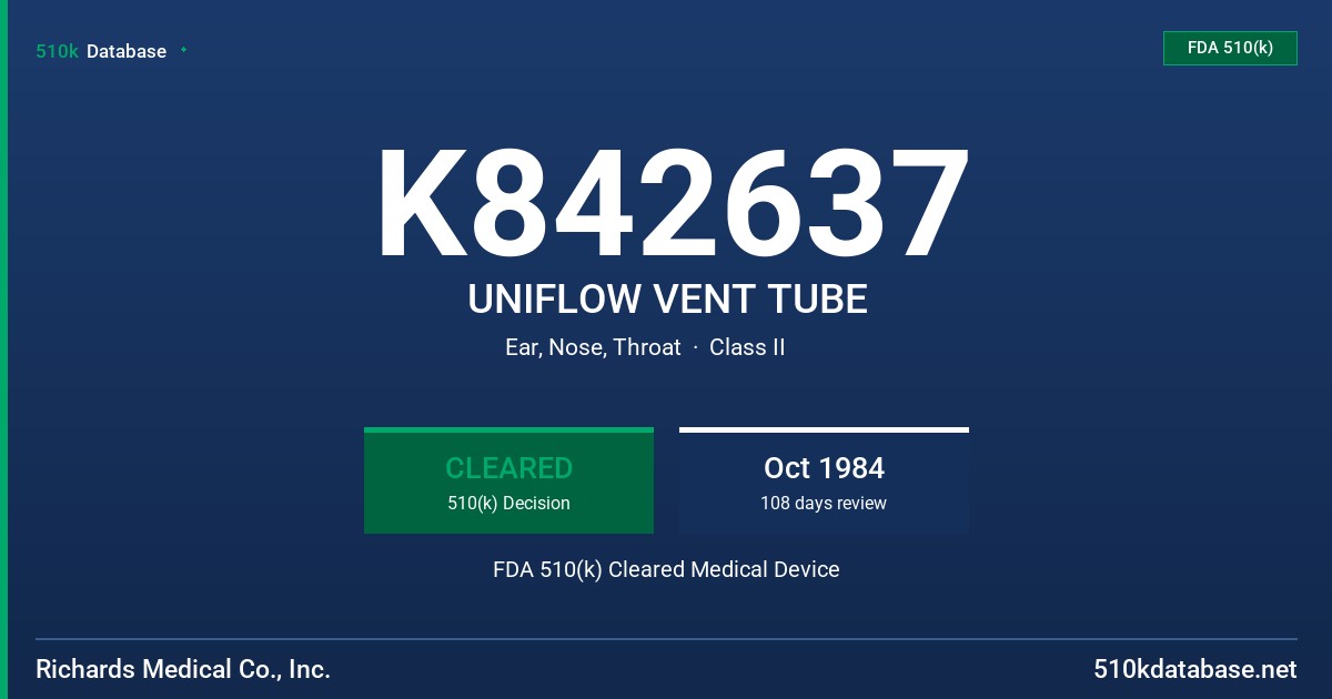 K842637 UNIFLOW VENT TUBE FDA 510(k) Cleared Medical Device