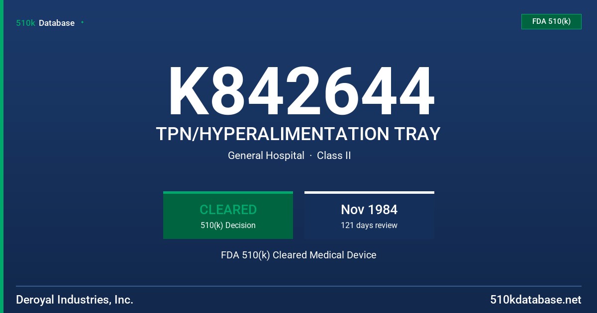 K842644 TPN/HYPERALIMENTATION TRAY FDA 510(k) Cleared Medical Device