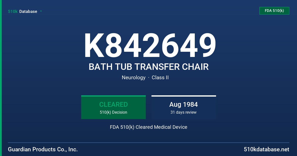 K842649 BATH TUB TRANSFER CHAIR FDA 510(k) Cleared Medical Device