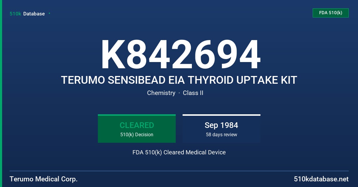K842694 TERUMO SENSIBEAD EIA THYROID UPTAKE KIT FDA 510(k) Cleared Medical Device