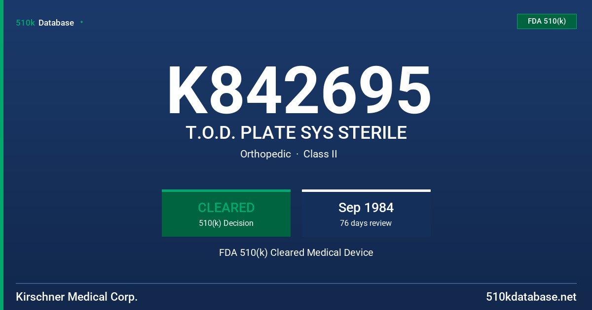 K842695 T.O.D. PLATE SYS STERILE FDA 510(k) Cleared Medical Device