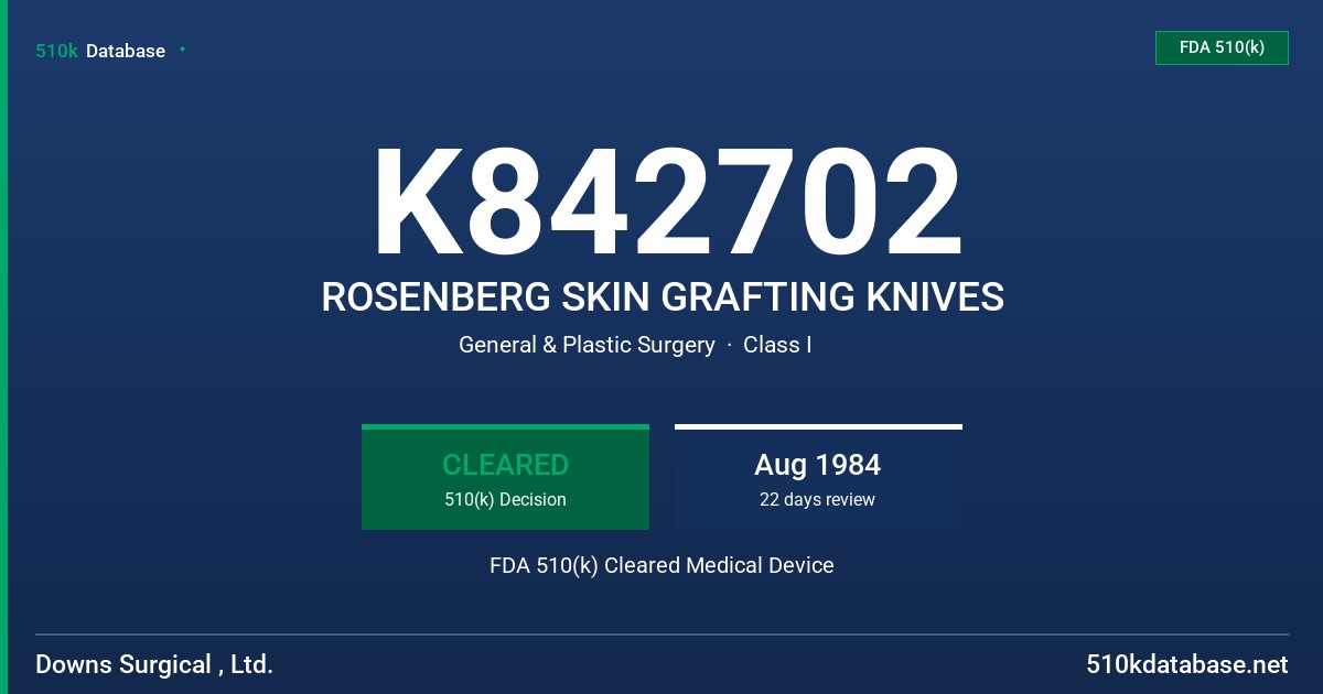 K842702 ROSENBERG SKIN GRAFTING KNIVES FDA 510(k) Cleared Medical Device