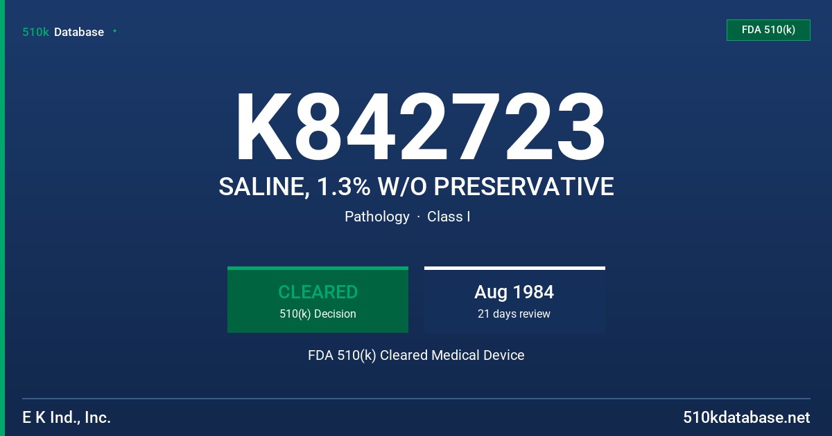 K842723 SALINE, 1.3% W/O PRESERVATIVE FDA 510(k) Cleared Medical Device