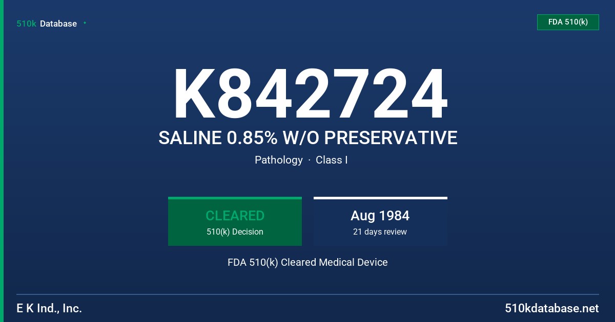 K842724 SALINE 0.85% W/O PRESERVATIVE FDA 510(k) Cleared Medical Device