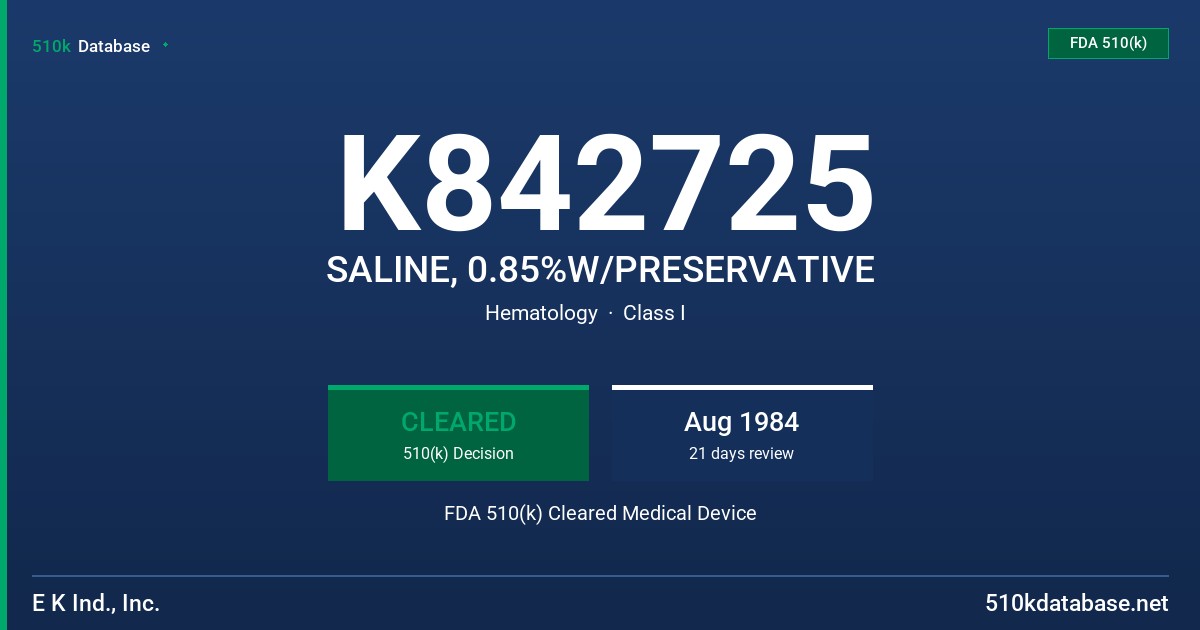 K842725 SALINE, 0.85%W/PRESERVATIVE FDA 510(k) Cleared Medical Device
