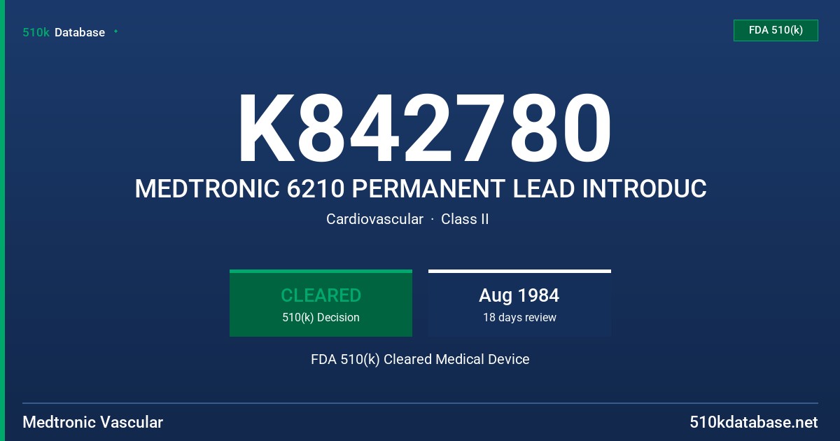 K842780 MEDTRONIC 6210 PERMANENT LEAD INTRODUC FDA 510(k) Cleared Medical Device