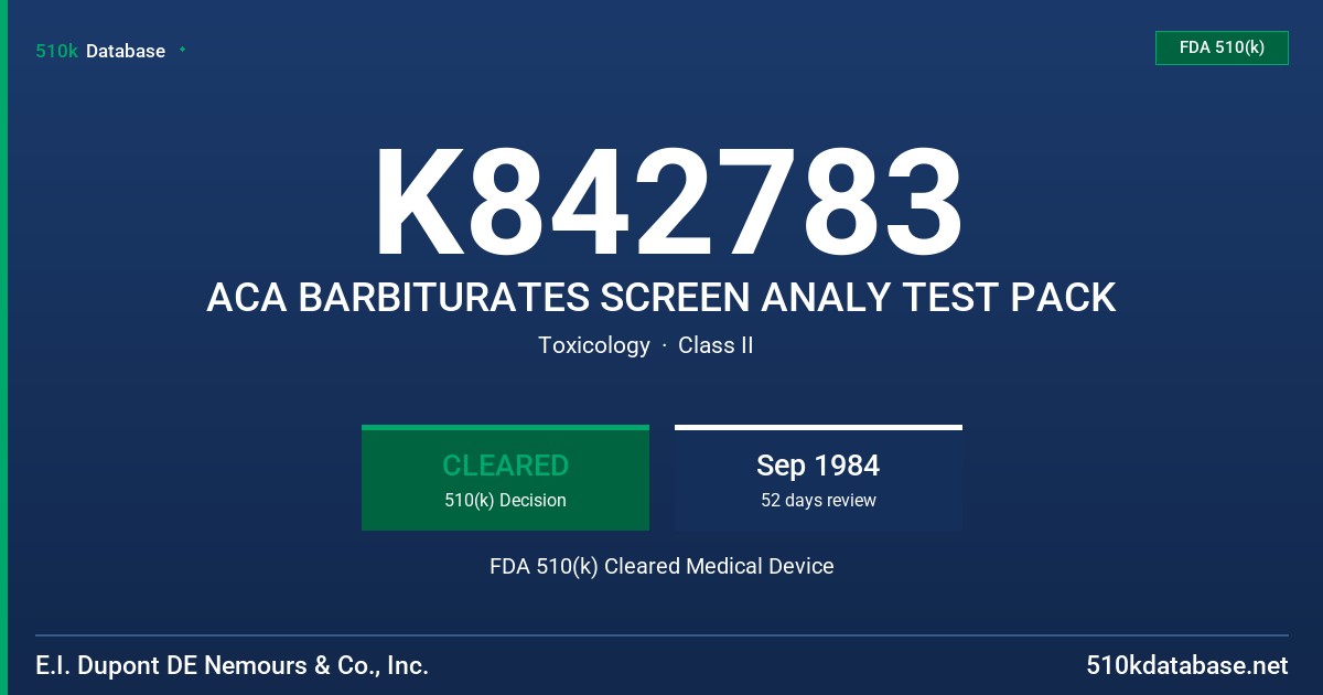 K842783 ACA BARBITURATES SCREEN ANALY TEST PACK FDA 510(k) Cleared Medical Device