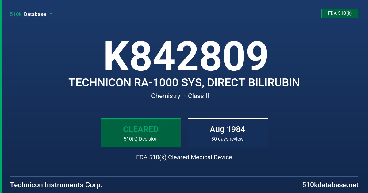 K842809 TECHNICON RA-1000 SYS, DIRECT BILIRUBIN FDA 510(k) Cleared Medical Device