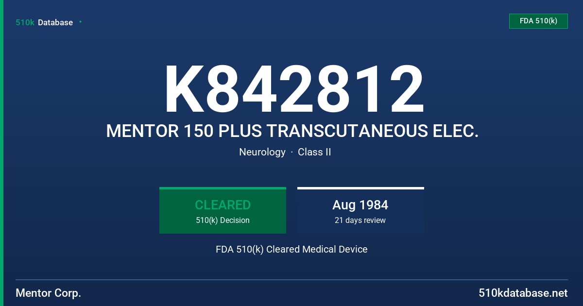 K842812 MENTOR 150 PLUS TRANSCUTANEOUS ELEC. FDA 510(k) Cleared Medical Device