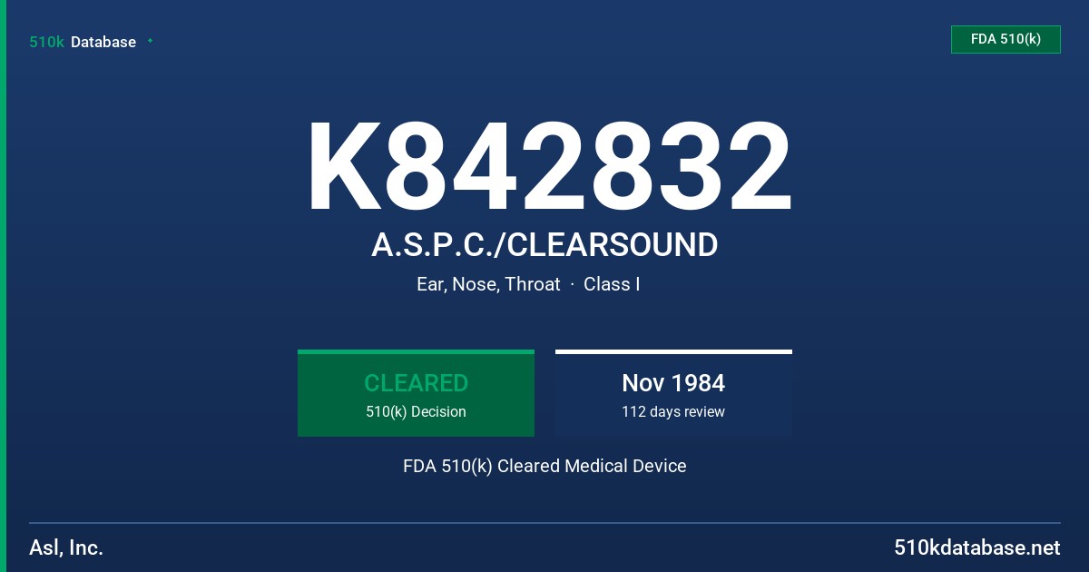 K842832 A.S.P.C./CLEARSOUND FDA 510(k) Cleared Medical Device