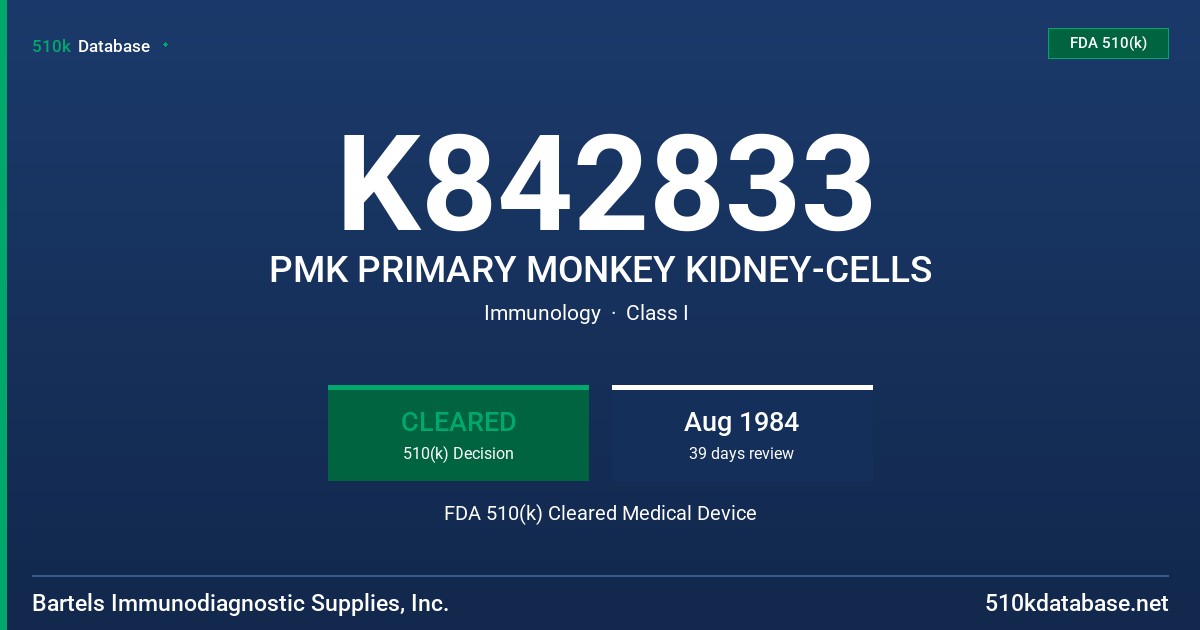 K842833 PMK PRIMARY MONKEY KIDNEY-CELLS FDA 510(k) Cleared Medical Device