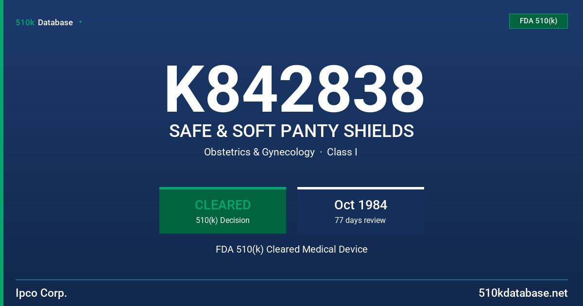 K842838 SAFE & SOFT PANTY SHIELDS FDA 510(k) Cleared Medical Device