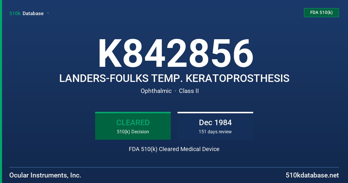 K842856 LANDERS-FOULKS TEMP. KERATOPROSTHESIS FDA 510(k) Cleared Medical Device