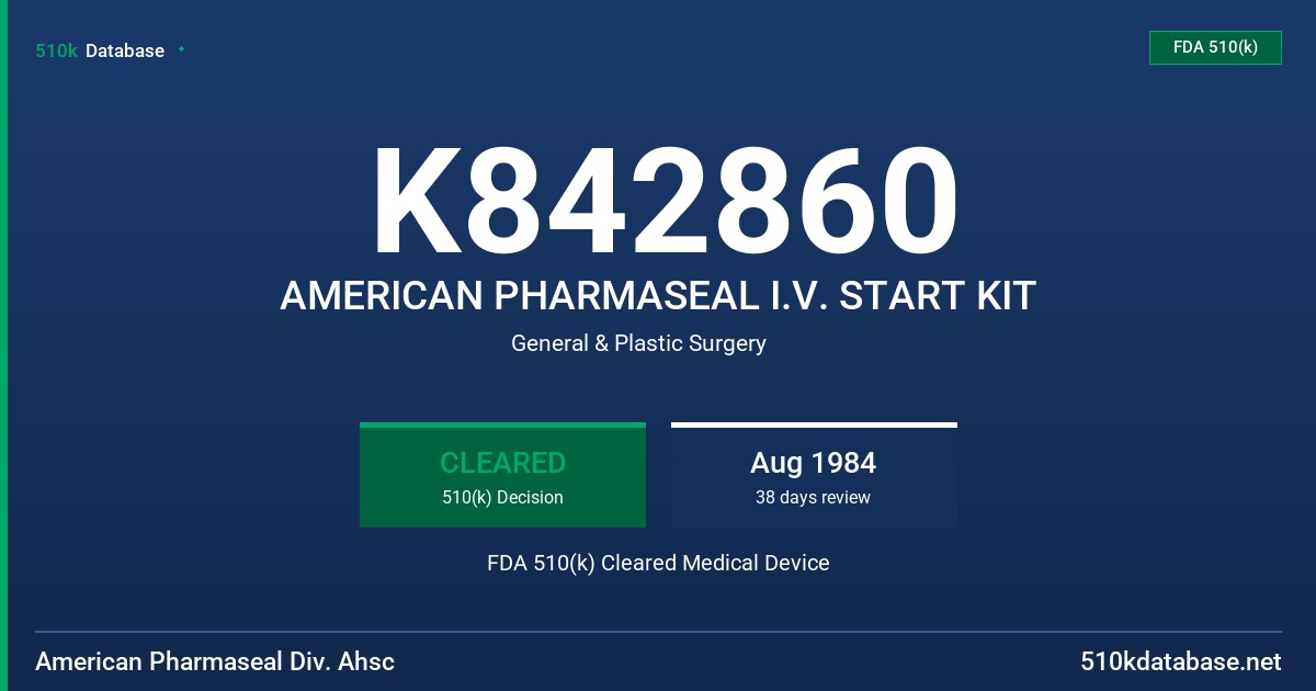K842860 AMERICAN PHARMASEAL I.V. START KIT FDA 510(k) Cleared Medical Device