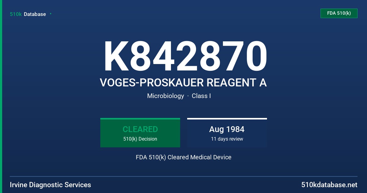 K842870 VOGES-PROSKAUER REAGENT A FDA 510(k) Cleared Medical Device