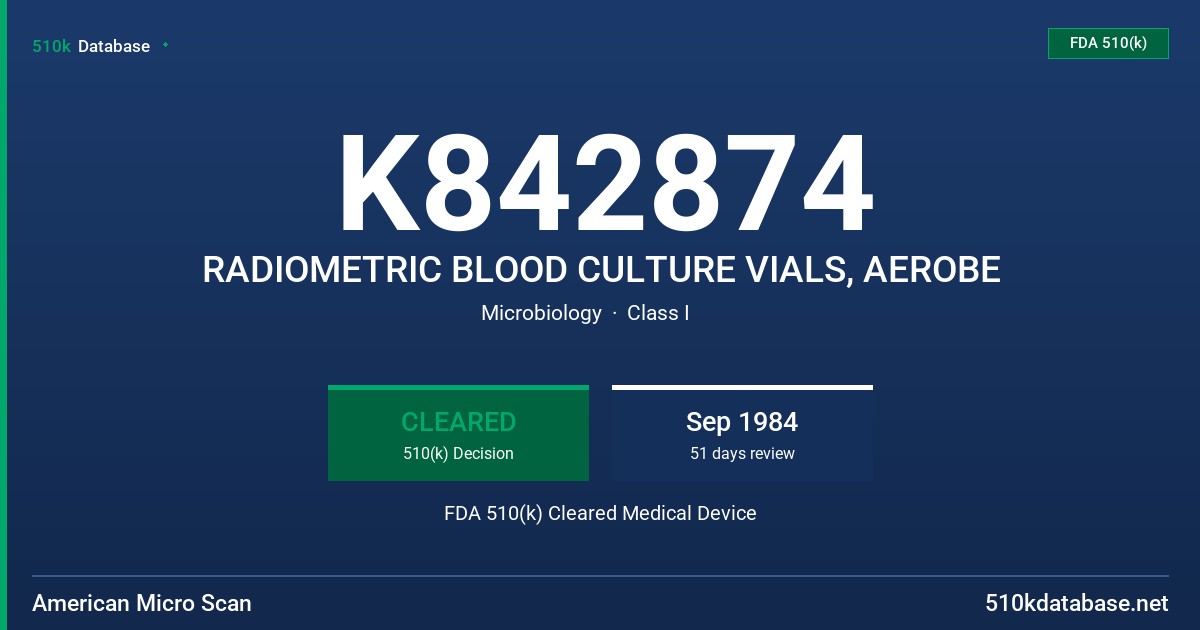 K842874 RADIOMETRIC BLOOD CULTURE VIALS, AEROBE FDA 510(k) Cleared Medical Device