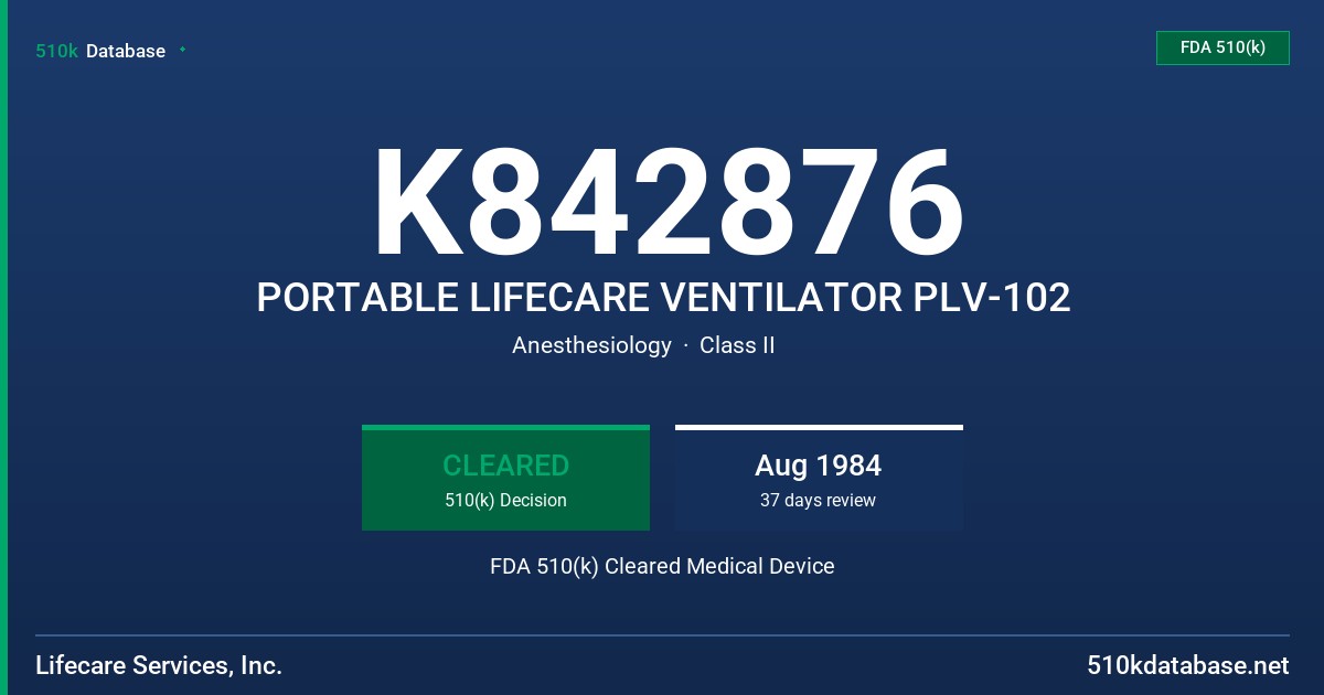 K842876 PORTABLE LIFECARE VENTILATOR PLV-102 FDA 510(k) Cleared Medical Device