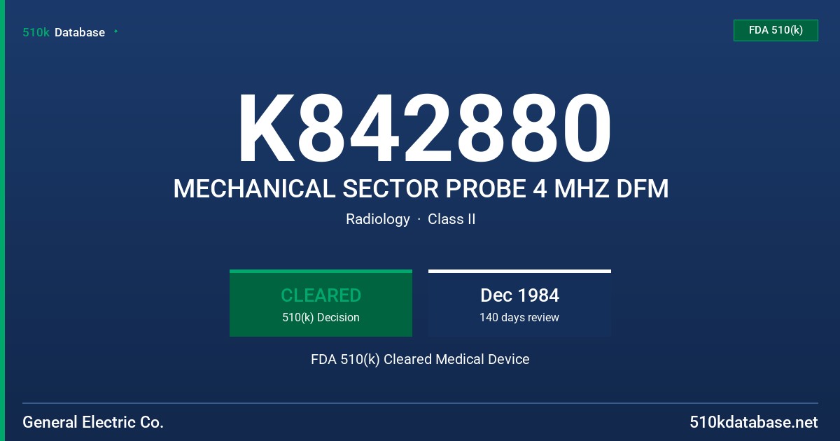 K842880 MECHANICAL SECTOR PROBE 4 MHZ DFM FDA 510(k) Cleared Medical Device