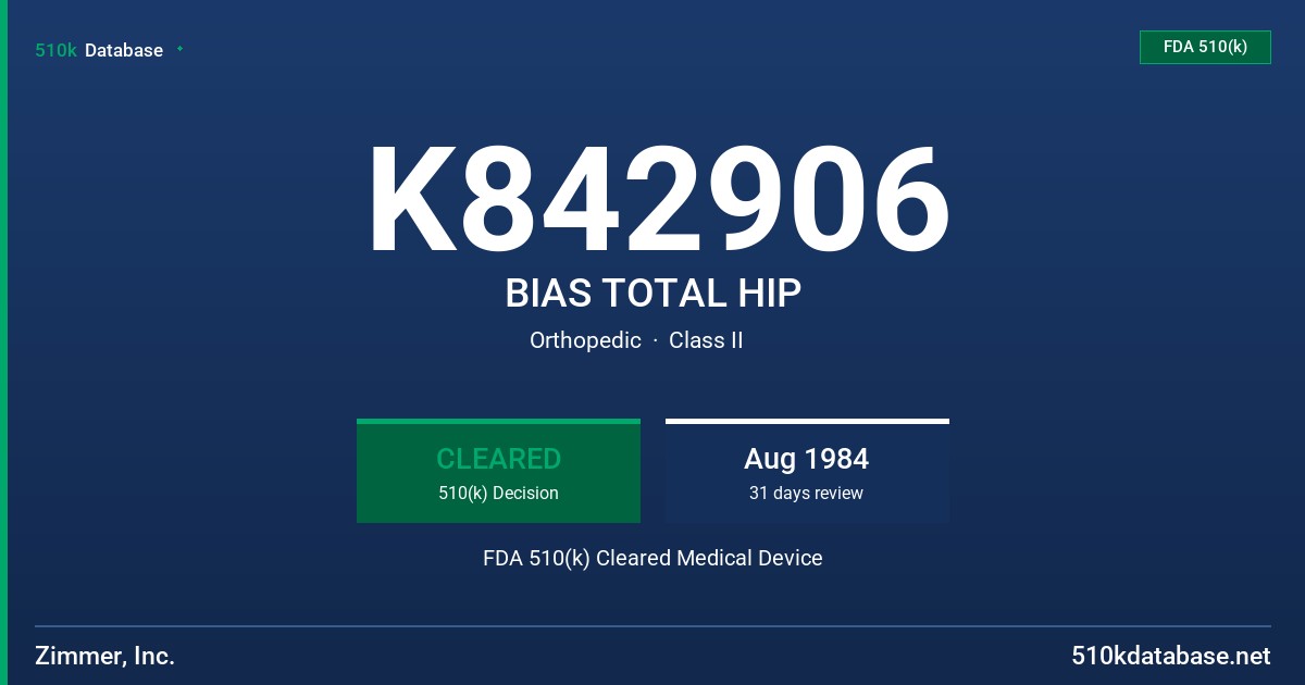 K842906 BIAS TOTAL HIP FDA 510(k) Cleared Medical Device