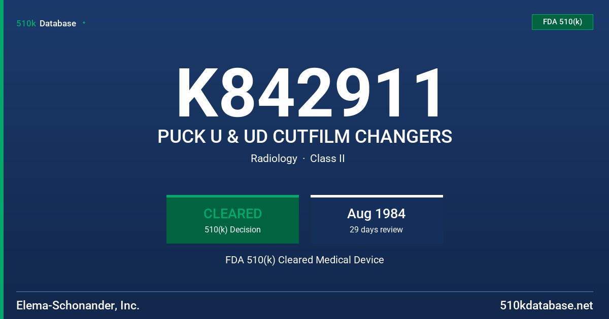 K842911 PUCK U & UD CUTFILM CHANGERS FDA 510(k) Cleared Medical Device