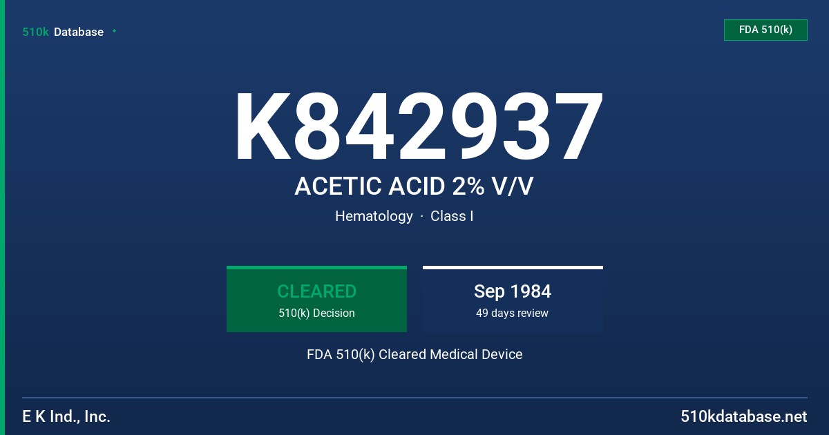 K842937 ACETIC ACID 2% V/V FDA 510(k) Cleared Medical Device